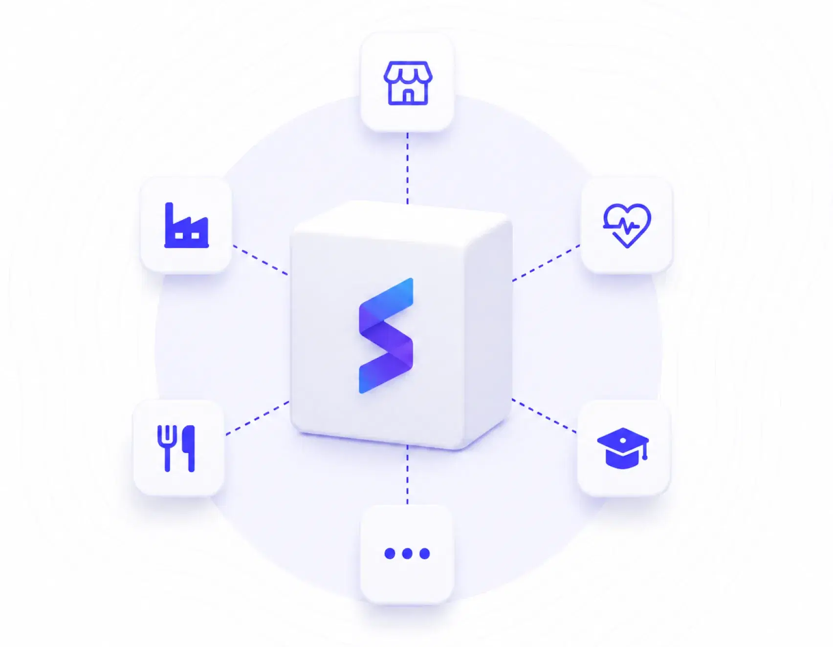 A white cube carrying the Starloge mark, connected by dashed lines to floating tiles for retail, healthcare, manufacturing, food service, education and more
