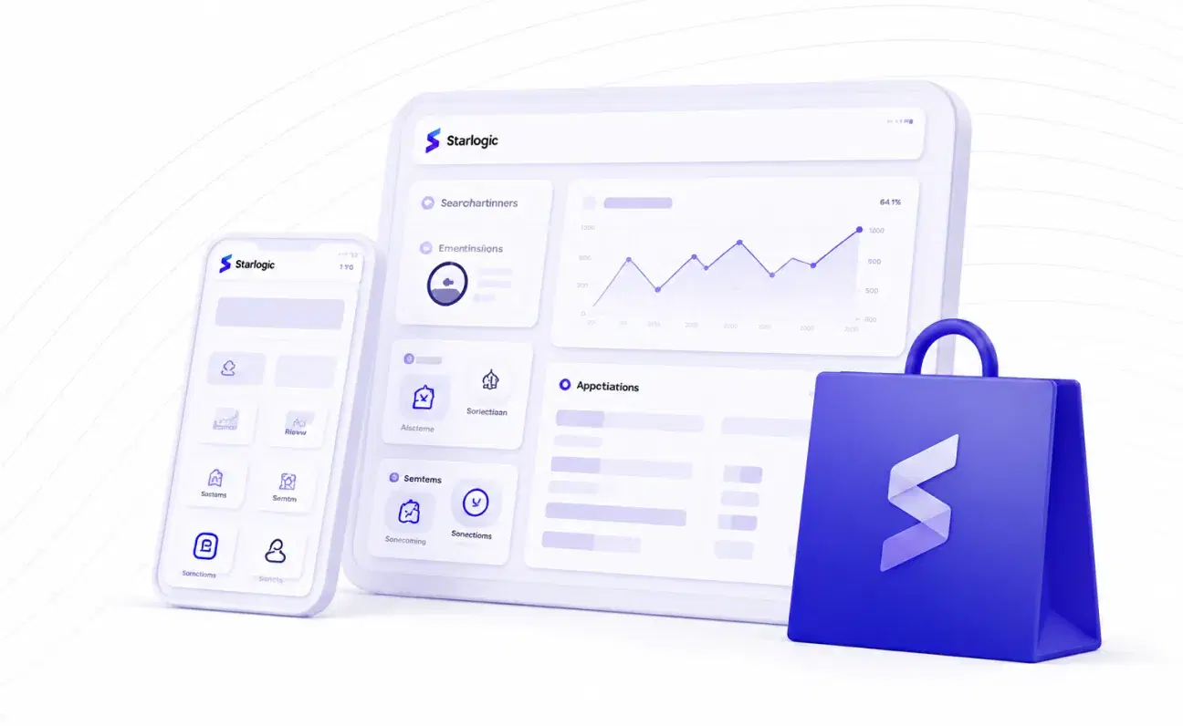 A tablet and phone showing Starloge product dashboards beside a violet shopping bag carrying the Starloge mark