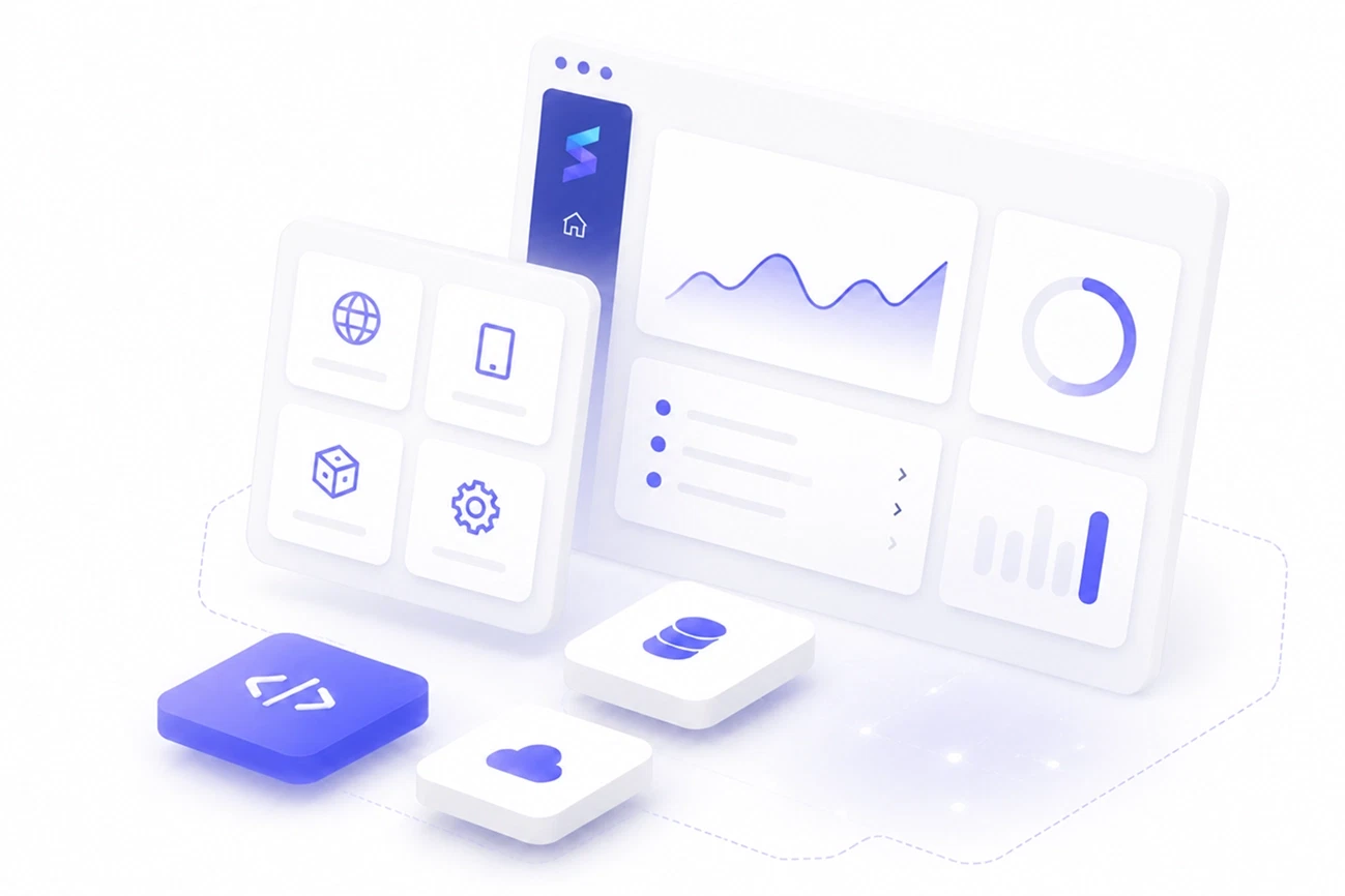 An isometric cluster of floating Starloge dashboard panels, app tiles and dashed connection lines