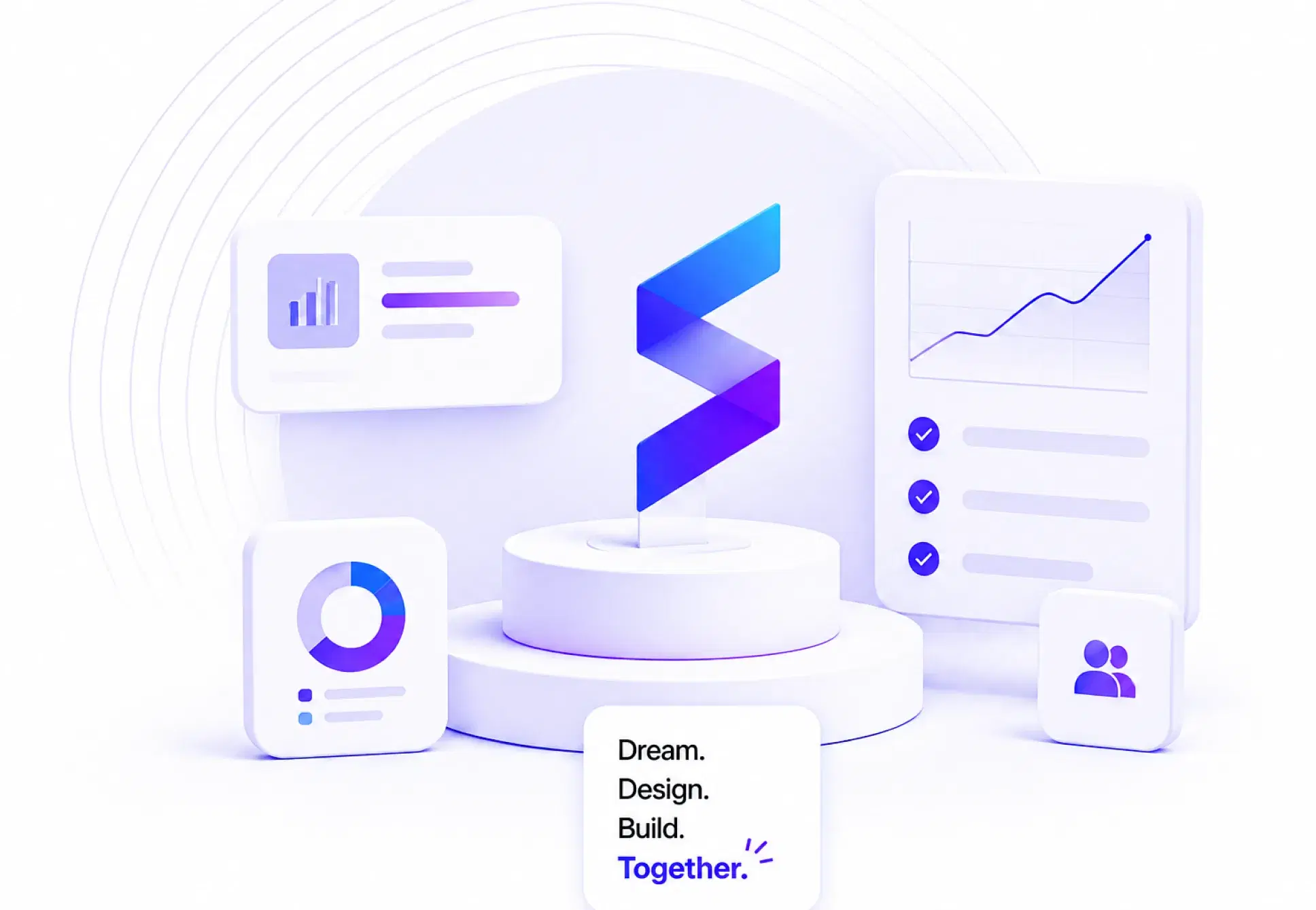 The Starloge mark on a white podium, surrounded by floating dashboard cards, a donut chart, a checklist panel and a card reading Dream. Design. Build. Together.